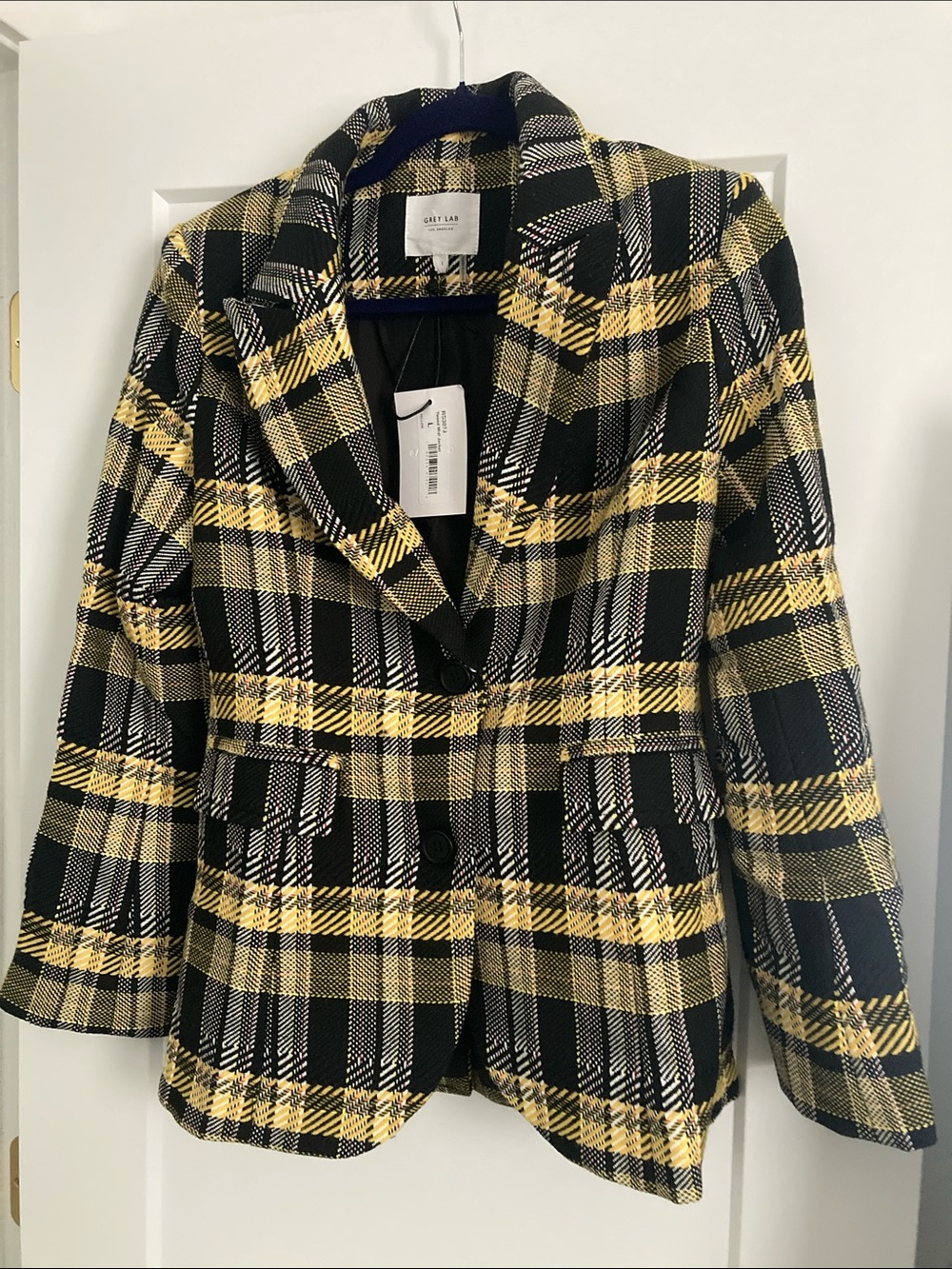 GREY LAB of Los Angeles Tweed Midi Yellow and Black Plaid Tailored Blazer
